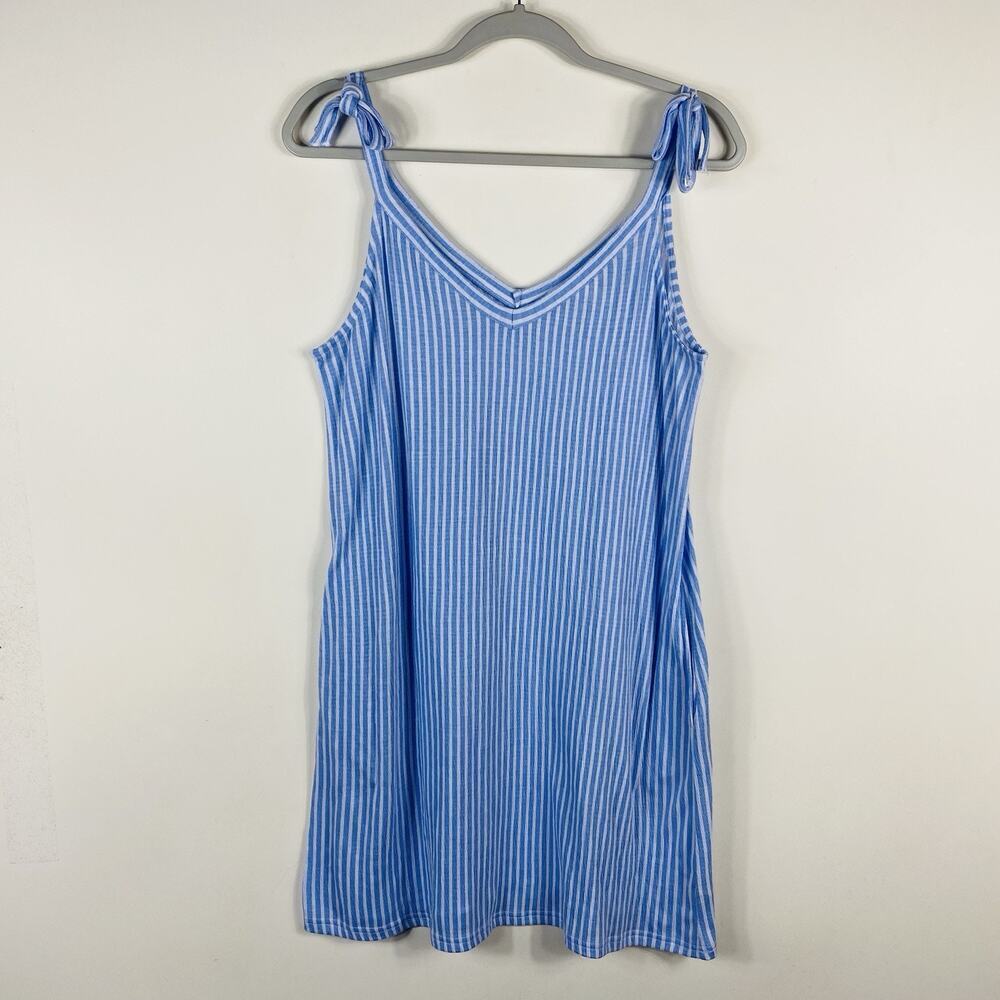 Laura Ashley Sleep Gown Small Striped Gauze Tie Strap Sleeveless Blue White